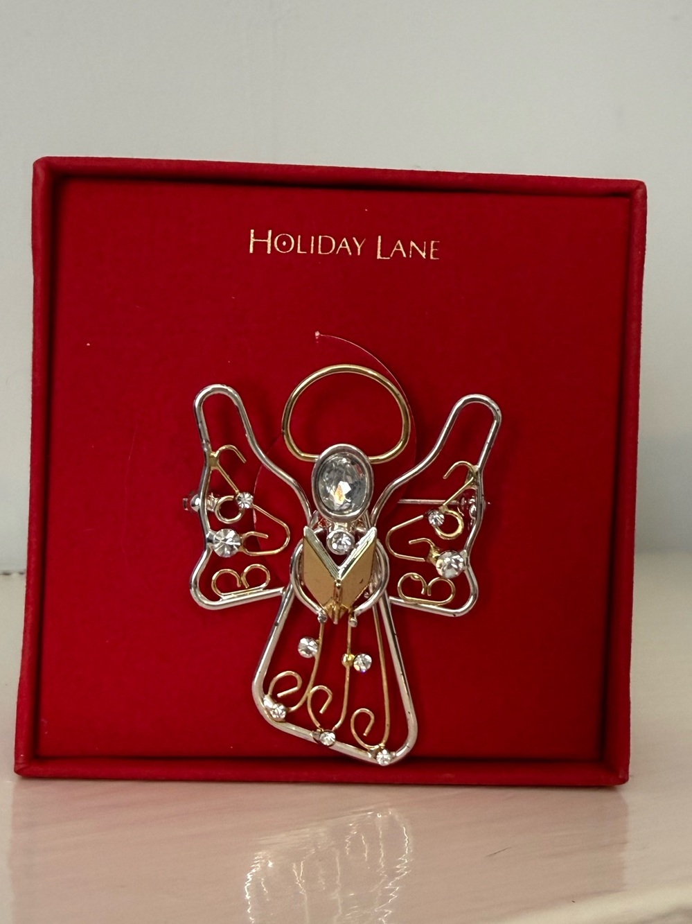Macy's Holiday Lane gold Wire Angel Brooch with Clear Crystals - Red box, pin